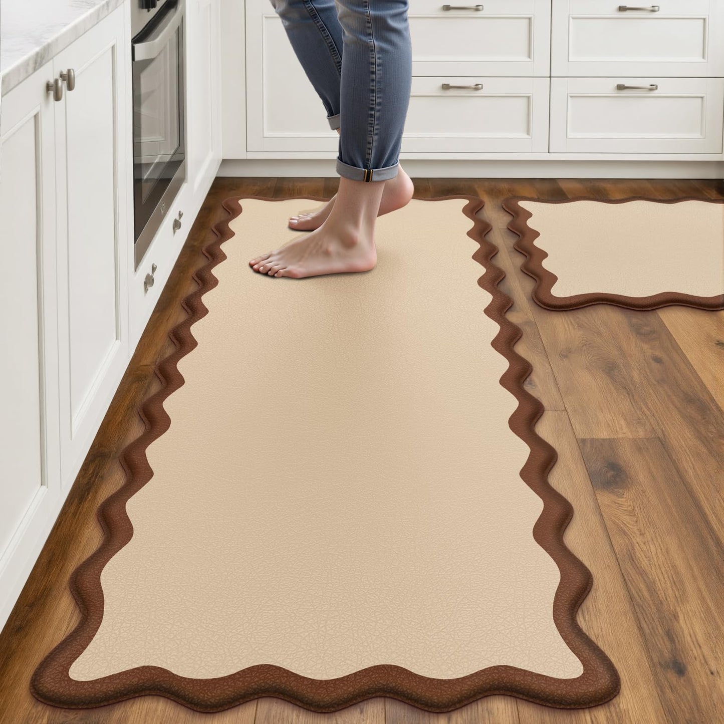 Arenarug Upgrade Scalloped Embossed Kitchen Mats for Floor 2PCS Cushioned Anti Fatigue Waterproof Foam Kitchen Rugs Non Slip Washable Comfort Standing Mat for Office Sink Laundry, Black