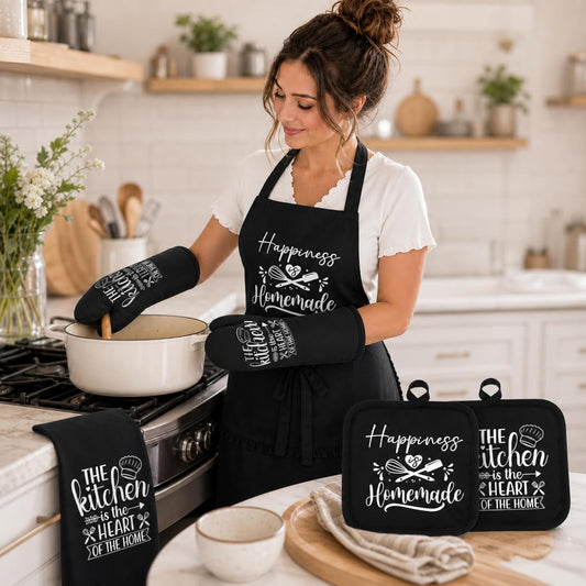 Sratte 6 Pcs Kitchen Decor Accessories Set Farmhouse Towels Pot Holders Oven Mitts Set 2 Dish Towels 2 Potholders 2 Cooking Mittens Oven Glove for Christmas Baking Cooking Supply(Black,Kitchen)