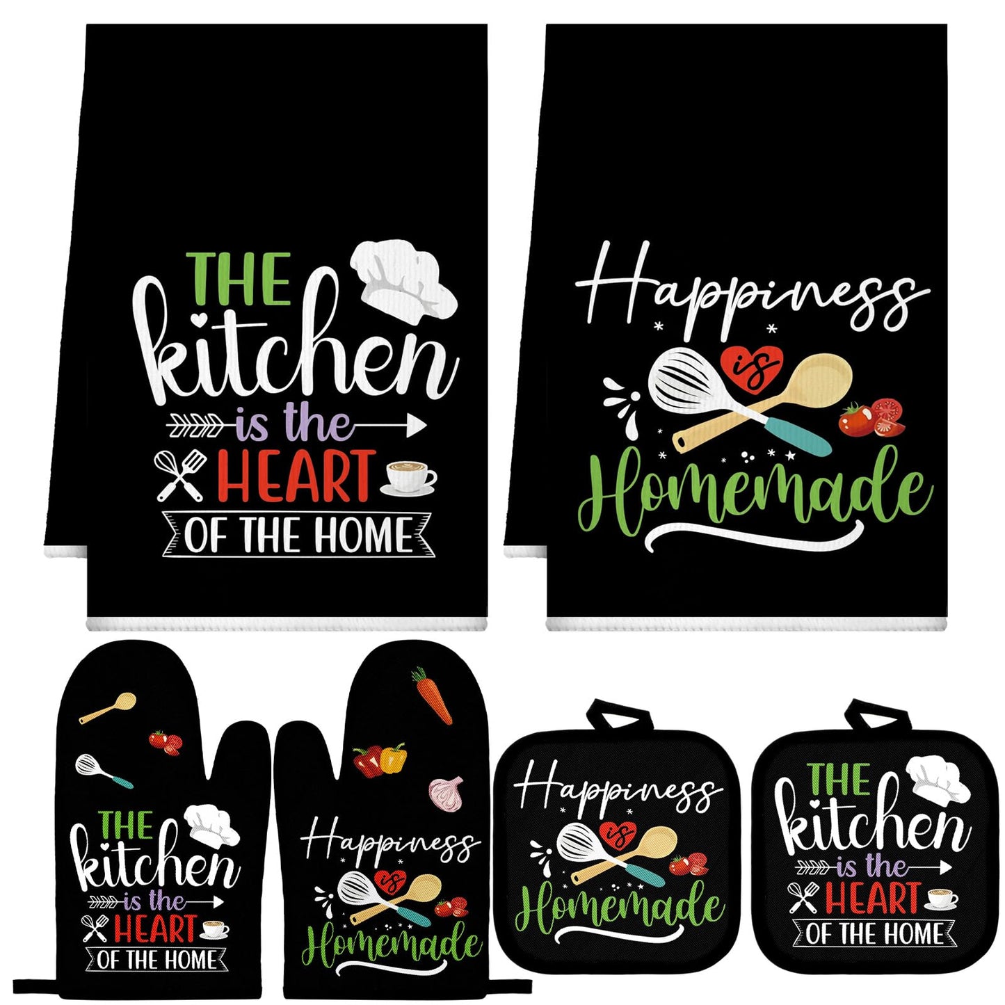 Sratte 6 Pcs Kitchen Decor Accessories Set Farmhouse Towels Pot Holders Oven Mitts Set 2 Dish Towels 2 Potholders 2 Cooking Mittens Oven Glove for Christmas Baking Cooking Supply(Black,Kitchen)