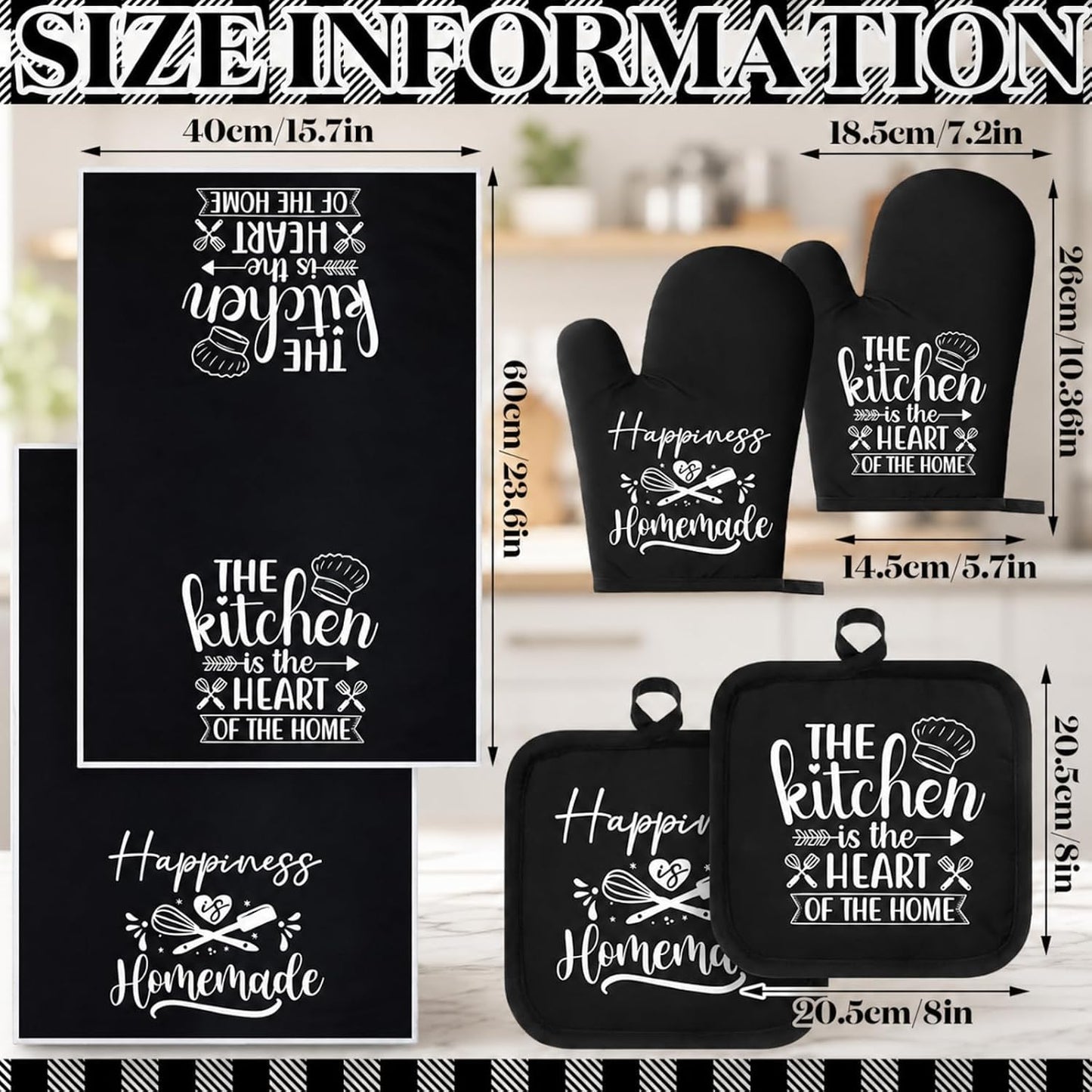 Sratte 6 Pcs Kitchen Decor Accessories Set Farmhouse Towels Pot Holders Oven Mitts Set 2 Dish Towels 2 Potholders 2 Cooking Mittens Oven Glove for Christmas Baking Cooking Supply(Black,Kitchen)