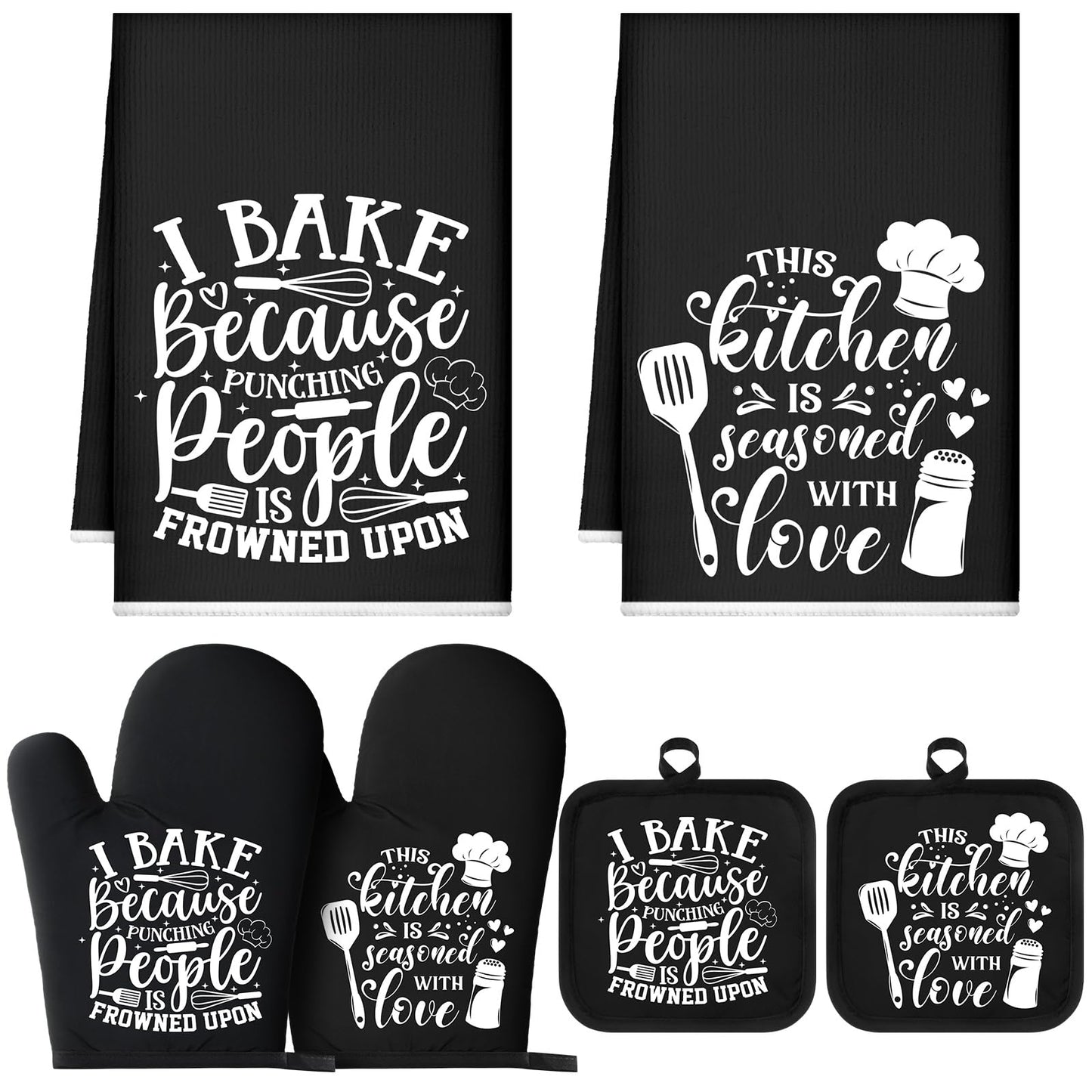 Sratte 6 Pcs Kitchen Decor Accessories Set Farmhouse Towels Pot Holders Oven Mitts Set 2 Dish Towels 2 Potholders 2 Cooking Mittens Oven Glove for Christmas Baking Cooking Supply(Black,Kitchen)