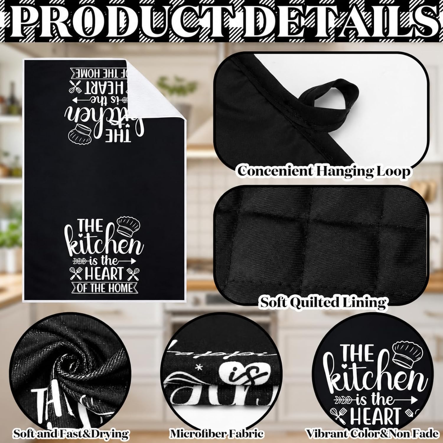 Sratte 6 Pcs Kitchen Decor Accessories Set Farmhouse Towels Pot Holders Oven Mitts Set 2 Dish Towels 2 Potholders 2 Cooking Mittens Oven Glove for Christmas Baking Cooking Supply(Black,Kitchen)