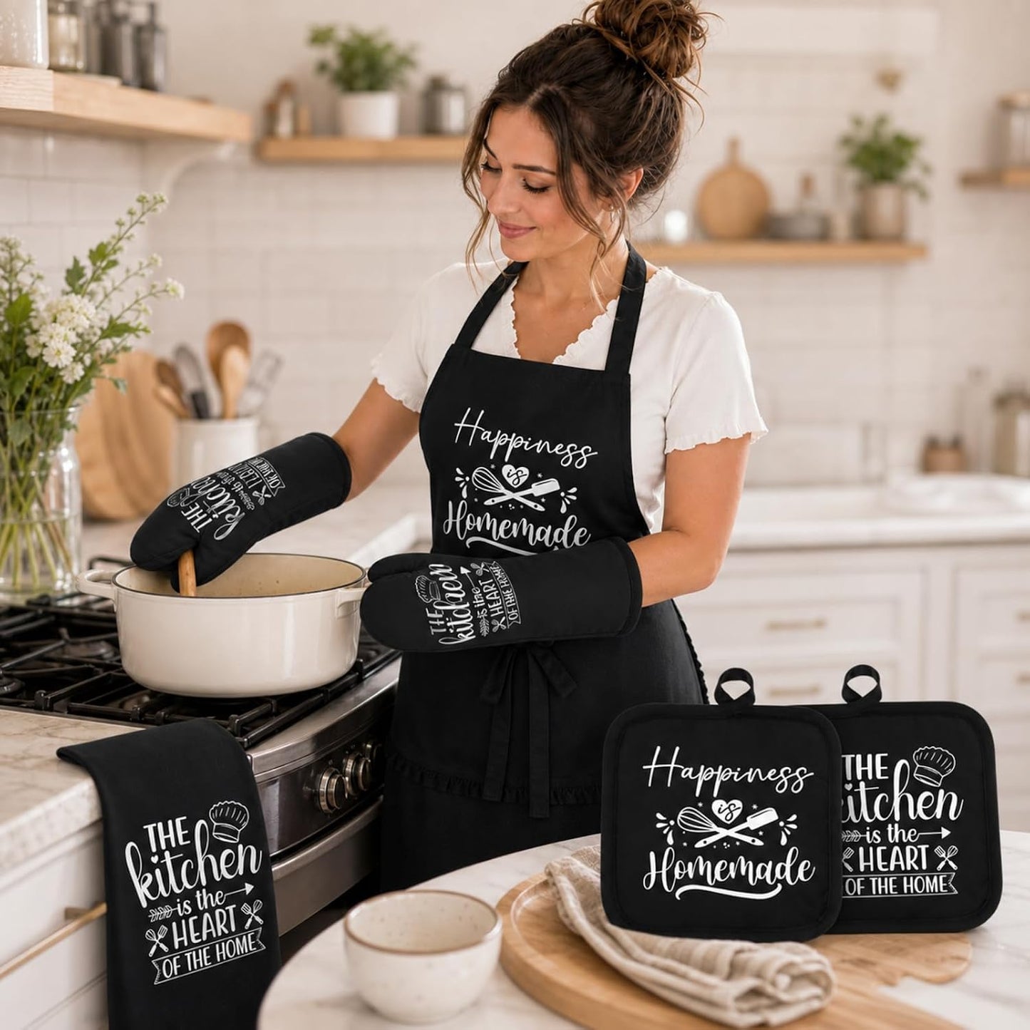Sratte 6 Pcs Kitchen Decor Accessories Set Farmhouse Towels Pot Holders Oven Mitts Set 2 Dish Towels 2 Potholders 2 Cooking Mittens Oven Glove for Christmas Baking Cooking Supply(Black,Kitchen)