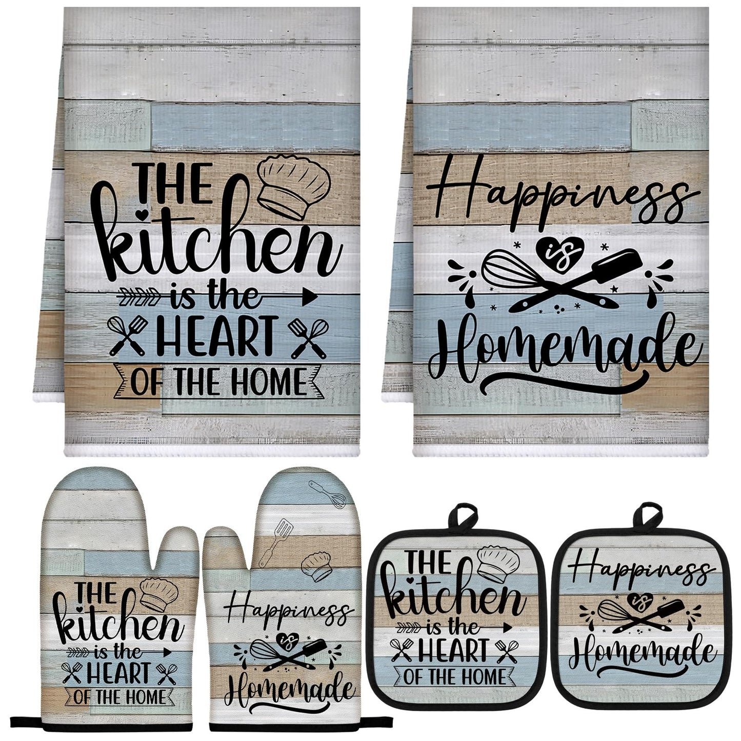 Sratte 6 Pcs Kitchen Decor Accessories Set Farmhouse Towels Pot Holders Oven Mitts Set 2 Dish Towels 2 Potholders 2 Cooking Mittens Oven Glove for Christmas Baking Cooking Supply(Black,Kitchen)