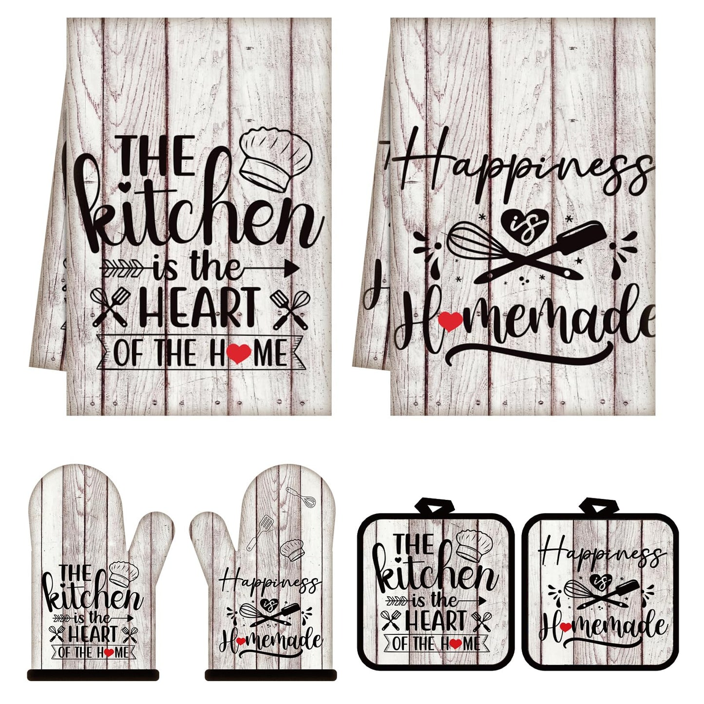 Sratte 6 Pcs Kitchen Decor Accessories Set Farmhouse Towels Pot Holders Oven Mitts Set 2 Dish Towels 2 Potholders 2 Cooking Mittens Oven Glove for Christmas Baking Cooking Supply(Black,Kitchen)