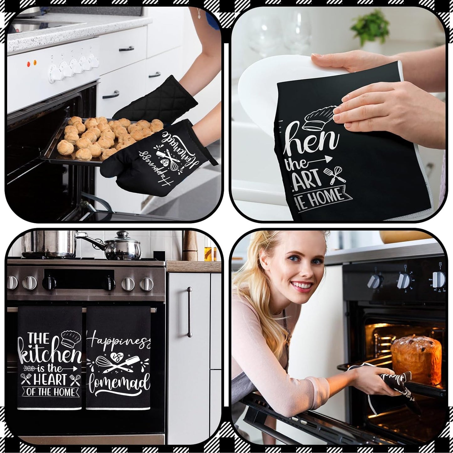 Sratte 6 Pcs Kitchen Decor Accessories Set Farmhouse Towels Pot Holders Oven Mitts Set 2 Dish Towels 2 Potholders 2 Cooking Mittens Oven Glove for Christmas Baking Cooking Supply(Black,Kitchen)