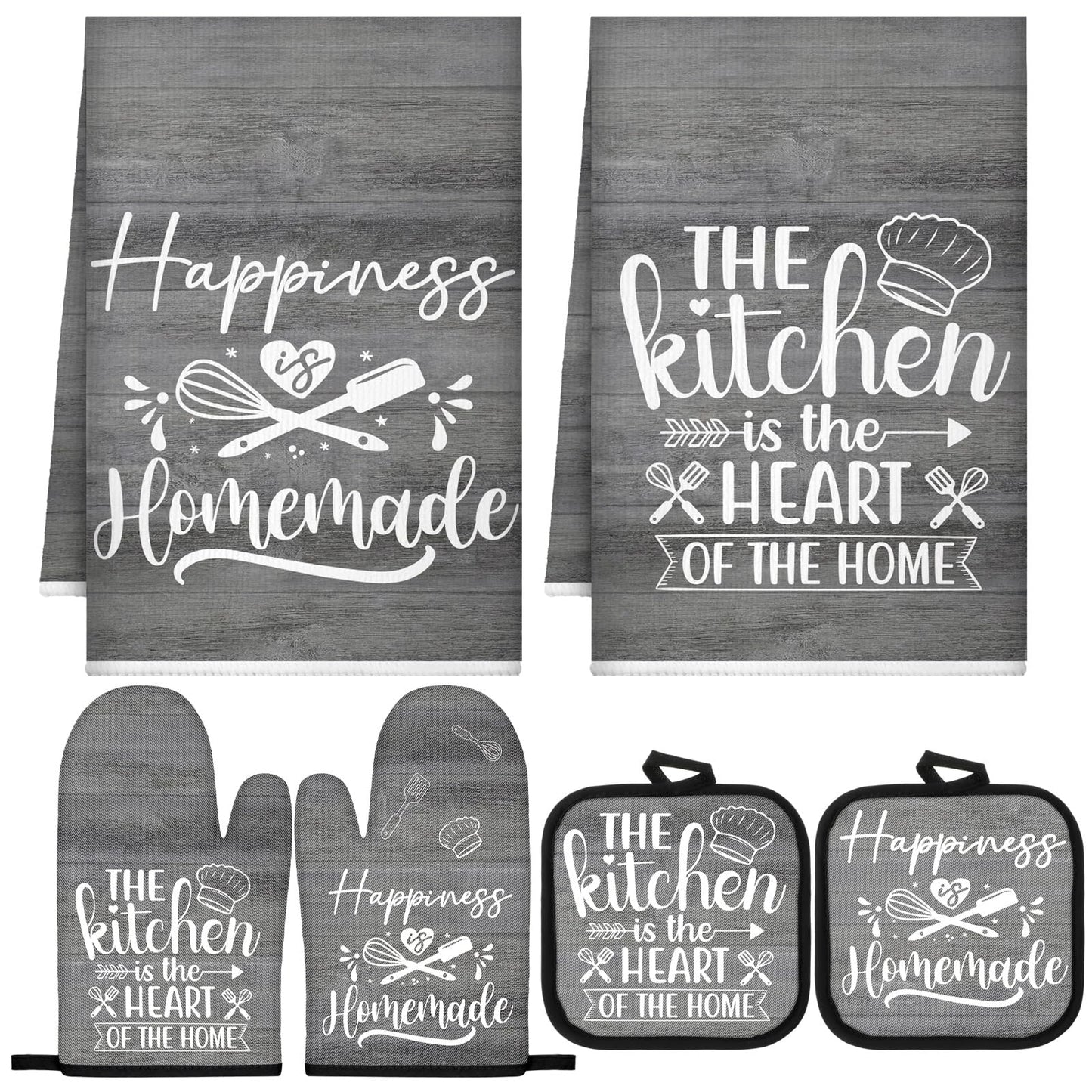 Sratte 6 Pcs Kitchen Decor Accessories Set Farmhouse Towels Pot Holders Oven Mitts Set 2 Dish Towels 2 Potholders 2 Cooking Mittens Oven Glove for Christmas Baking Cooking Supply(Black,Kitchen)