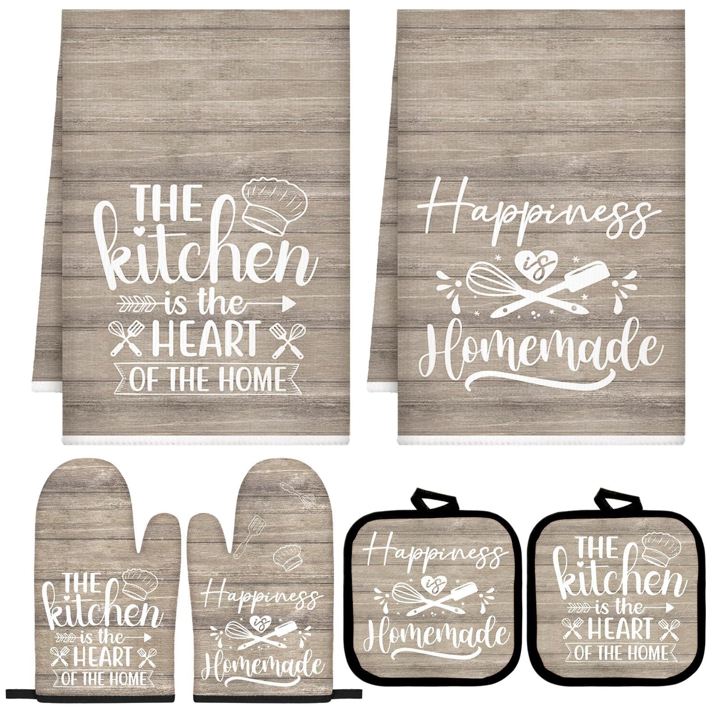 Sratte 6 Pcs Kitchen Decor Accessories Set Farmhouse Towels Pot Holders Oven Mitts Set 2 Dish Towels 2 Potholders 2 Cooking Mittens Oven Glove for Christmas Baking Cooking Supply(Black,Kitchen)