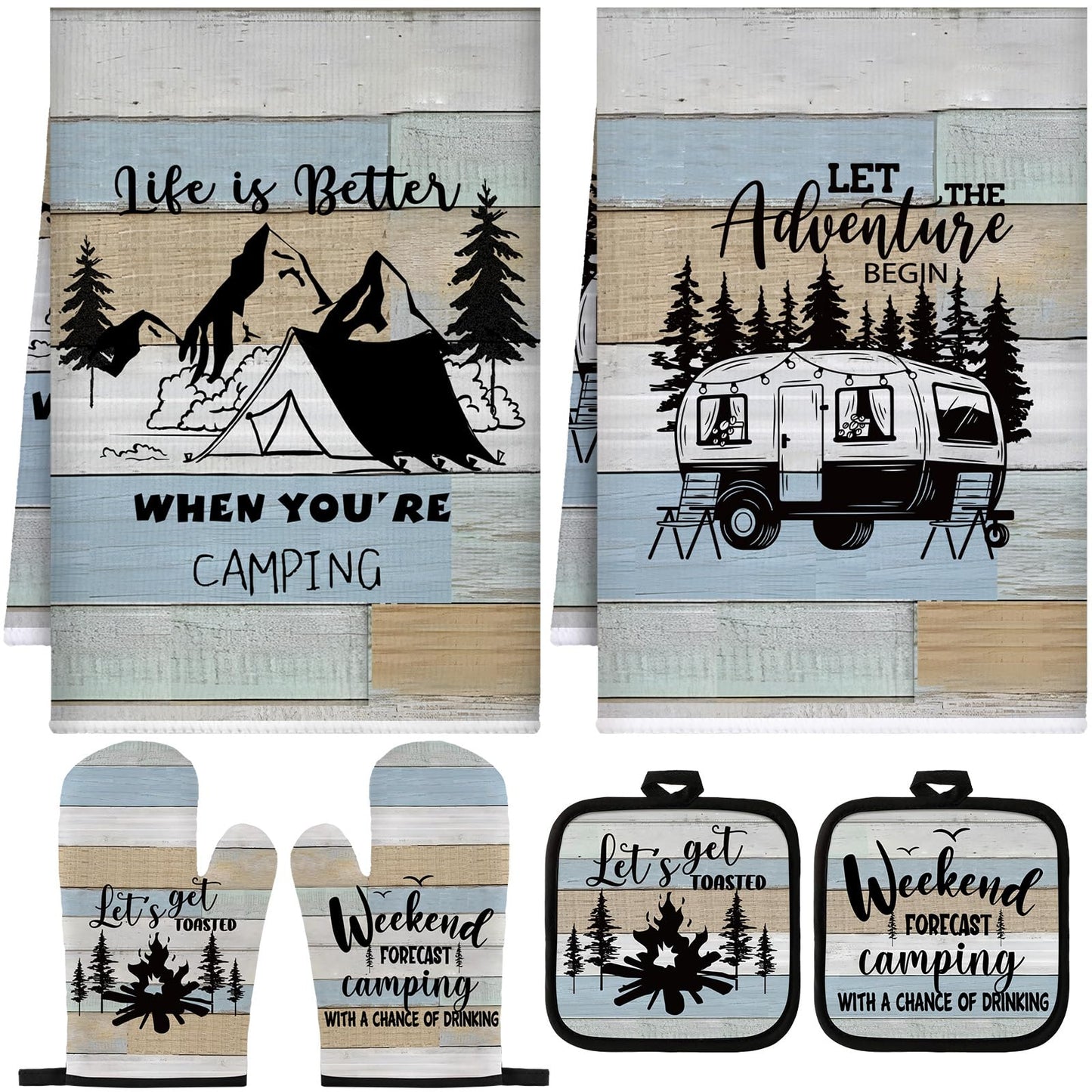 Sratte 6 Pcs Kitchen Decor Accessories Set Farmhouse Towels Pot Holders Oven Mitts Set 2 Dish Towels 2 Potholders 2 Cooking Mittens Oven Glove for Christmas Baking Cooking Supply(Black,Kitchen)