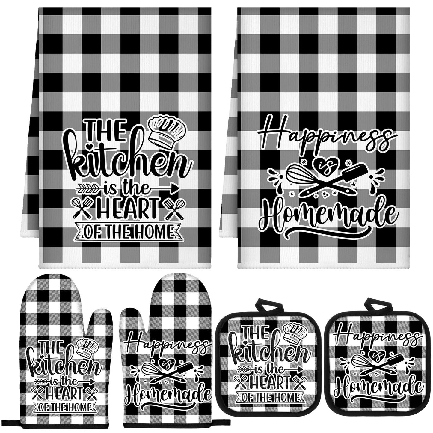 Sratte 6 Pcs Kitchen Decor Accessories Set Farmhouse Towels Pot Holders Oven Mitts Set 2 Dish Towels 2 Potholders 2 Cooking Mittens Oven Glove for Christmas Baking Cooking Supply(Black,Kitchen)