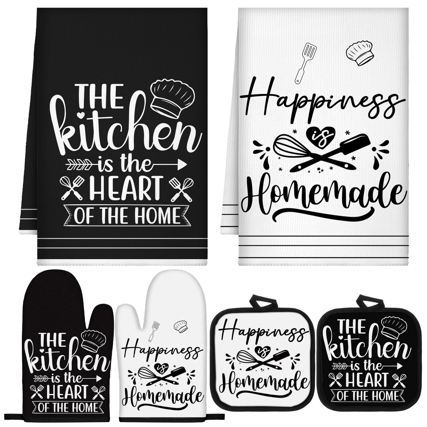 Sratte 6 Pcs Kitchen Decor Accessories Set Farmhouse Towels Pot Holders Oven Mitts Set 2 Dish Towels 2 Potholders 2 Cooking Mittens Oven Glove for Christmas Baking Cooking Supply(Black,Kitchen)